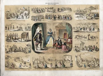 Beschreibung der Freizeit und Spiele von Kindern: in der Mitte König Heinrich IV. spielt mit seinen Kindern (wahrscheinlich Ludwig XIII. und Elisabeth von Frankreich) vor dem spanischen Botschafter. Königin Maria von Medici ist anwesend. Darstellung versch