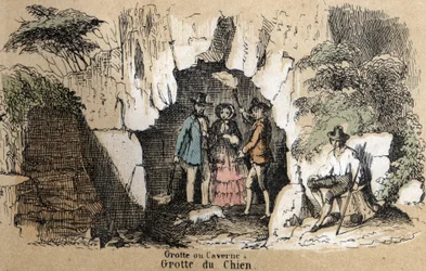Beschreibung der verschiedenen Landschafts- und Reliefarten nach Geographie: Detail der Besucher in der Hundehöhle. Tafel „Physische Geographie“ in „Les Recreations instructives“. Synoptisches Gemälde von Jules Delbruck, Gravur von 1860.