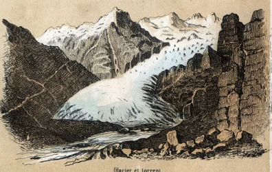 Beschreibung der verschiedenen Landschafts- und Reliefarten je nach Geographie: Detail eines Gletschers (oder Eismeers) in einer Gebirgskette. (Physical Geography)