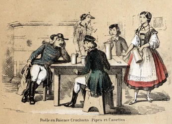 Beschreibung der verschiedenen Herstellungsschritte und Verwendungen von Ton: Tonprodukte (Irdenware-Ofen, Krüge, Pfeifen und Dosen). Tafel „Der Ton und seine Produkte“ in „Les Recreations instructives“. Synoptisches Gemälde von Jules Delbruck, Gravur von 