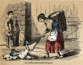 Beschreibung der verschiedenen Produkte und Verwendungen von Papier: das Sammeln alter Lumpen, aus denen das Papier hergestellt wird. Tafel „Das Papier und seine Produkte“ in „Les Recreations instructives“. Synoptisches Gemälde von Jules Delbruck, Gravur v