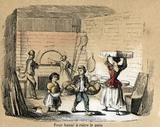 Beschreibung der verschiedenen Herstellungsstufen und Verwendungen von Ton: Backen von Ton in einem Brotbackofen. Tafel „Der Ton und seine Produkte“ in „Les Recreations instructives“, Synoptisches Gemälde von Jules Delbruck, Gravur von 1860. Private Sammlu