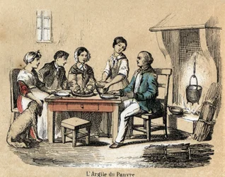 Beschreibung der verschiedenen Herstellungsstufen und Verwendungen von Ton: die Verwendung von Ton in armen Haushalten, eine Familie versammelt am Tisch, die von minderwertigen Tonplatten isst. Tafel „Der Ton und seine Produkte“ in „les Recreations instruc