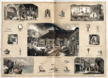 Beschreibung der verschiedenen Herstellungsstufen und Verwendungen von Glas: Innenansicht einer Glasfabrik, Herstellung von Flaschen in einer Glasbläserwerkstatt, Vergoldung, Polieren und Prägen von Eis und verschiedenen Objekten (Mikroskop, Spiegel, Brill