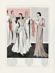 Entwurf für Abendkleider von Depouy-Magnin, Worth und Redfern, veröffentlicht 1931