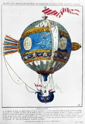 Entwurf für einen Heißluftballon mit einem Durchmesser von 120 Fuß, der in Dijon starten soll, ca. 1784 (Farbstich)