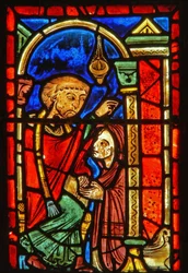 Detail eines Fensters, das Szenen aus dem Leben der Hl. Maria von Ägypten darstellt