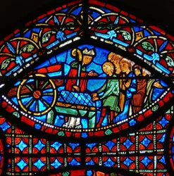 Detail eines Fensters, das Szenen aus dem Leben des hl. Stephanus darstellt: Bischof und Sarg (Detail)