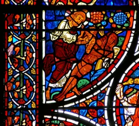 Detail eines Fensters, das das Gleichnis vom barmherzigen Samariter darstellt: Die Erschaffung Evas (Detail)