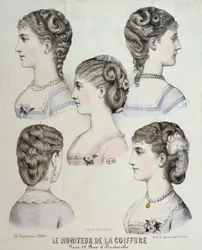 Verschiedene Frisuren, Tafel aus Le Moniteur de la Coiffure, 1880