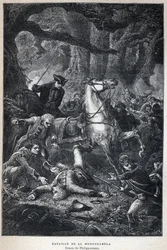 Entdeckung Kanadas: Schlacht von Monongahela im Jahr 1755 während des Siebenjährigen Krieges. Zeichnung von Philippoteaux. Gravur aus dem späten 19. Jahrhundert in „La nouvelle France“ von Eugene Guenin.