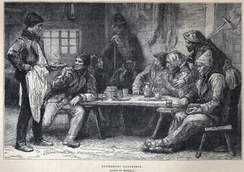 Entdecke Kanada: Kanadische Holzfäller. Zeichnung von Maillard. Gravur aus dem Ende des 19. Jahrhunderts in 