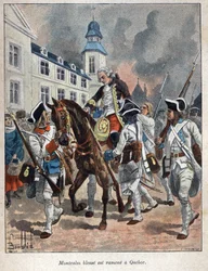 Entdeckung Kanadas: Louis Joseph de Montcalm (1712-1759), französischer General, verletzt während der Belagerung der Stadt Québec durch die Engländer und zurückgebracht nach Québec 1759. Gravur aus dem späten 19. Jahrhundert in La Nouvelle France von Eugen