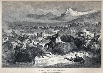 Entdeckung Kanadas: Bisonjagd der Sioux. Zeichnung von Gustave Doré nach Catlin. Gravur aus dem späten 19. Jahrhundert in „La nouvelle France“ von Eugène Guénin