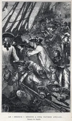 Entdeckung Kanadas: Jacques Pierre de Taffanel de la Jonquiere (1685-1752), französischer Marineoffizier an der Spitze des französischen Schiffes „Le serieux“ widerstand fünf englischen Schiffen. Zeichnung von Sahib. Gravur aus dem späten 19. Jahrhundert i