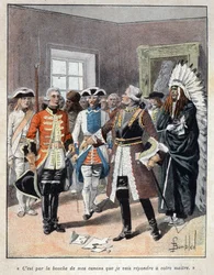 Entdeckung Kanadas: Louis de Buade, Graf von Frontenac (1622-1698), empfängt den Gesandten des englischen Gouverneurs der Kolonie Massachusetts (1651-1695) William Phips und antwortet ihm: „Es ist durch das Mündungsfeuer meiner Kanonen, dass ich Ihrem Herr