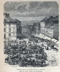 Entdeckung Kanadas: Marsch von der Oberstadt nach Quebec. Zeichnung von Taylor nach einer Fotografie. Gravur aus dem späten 19. Jahrhundert in „La nouvelle France“ von Eugene Guenin.