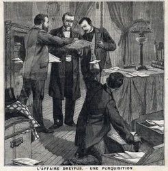 Dreyfus-Affäre: Drei Zivilbeamte und ein Polizeikommissar durchsuchen das Haus von Georges Picquart (1854-1914). In „Le Petit Parisien“ am 05.12.1897. Private Sammlung