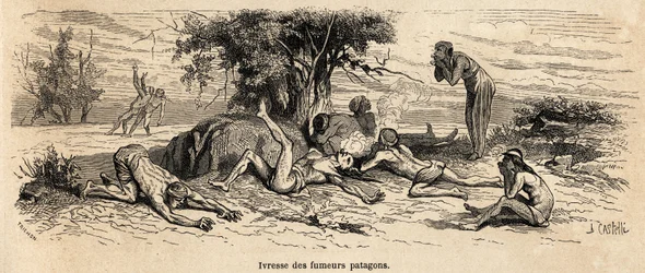 Trunkenheit der Raucher, Zeichnung des Autors, zur Illustration von 3 Jahren Gefangenschaft unter den Patagonen.