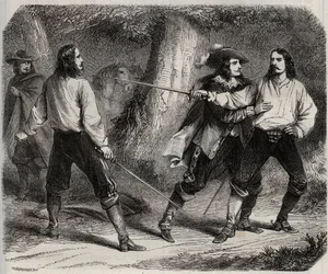 Duell mit dem Schwert zwischen dem Vicomte von Cahuzac und dem Marquis von Gesvres, in den die Königin von Frankreich Anne von Österreich verliebt ist, im Wald von Vincennes. 17. Jahrhundert. Gravur von 1871 in „Histoire Des Cocuses Celebres“ von Henry de 