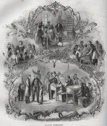 Grundschulen in Frankreich im 19. Jahrhundert - Stich in „Neue Nationalenzyklopädie“ von Maurice La Charest - 1870