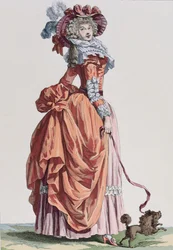 Elegante Frau mit ihrem Hündchen, Modeplatte aus Galerie des Modes et Costumes Français, graviert von Bacquoy (Farbstich)