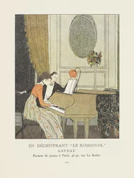 Beim Entziffern von "Le Rossignol," Werbung aus La Gazette du Bon Ton, veröffentlicht 1914