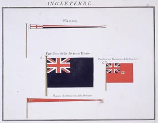 Englische Flaggen, aus einem französischen Flaggenbuch, ca. 1819
