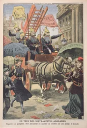 Englische Suffragetten verkleidet als Feuerwehrmänner, aus Le Petit Journal, 3. April 1910