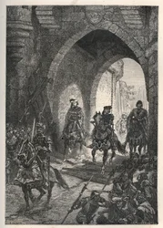 Einzug von Karl VI. dem Wohlgeliebten, König von Frankreich, in Paris nach der Niederschlagung des Aufstands der Maillotins im Jahr 1382 - Französischer König Karl VI. kehrt nach Paris zurück