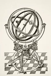 Äquatorialringe oder Kreise, nach einem Kupferstich im Buch Tychonis Brahe Astronomiae Instauratae Mechanica von 1602, aus Wissenschaft und Literatur im Mittelalter von Paul Lacroix, veröffentlicht in London 1878