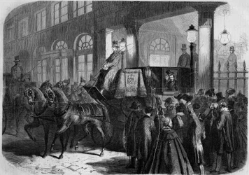 Ausgang von Kaiser Napoleon III. (1808-1873) aus der Comédie Française nach einer Aufführung von „Chatterton“. Paris