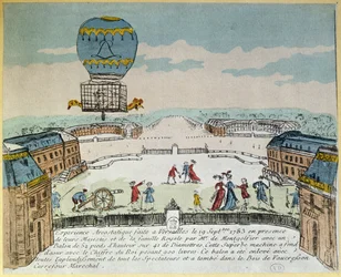 Experiment der Brüder Montgolfier in Versailles mit dem Flug eines Hahns, einer Ente und eines Schafes in einer Montgolfière, 19. September 1783