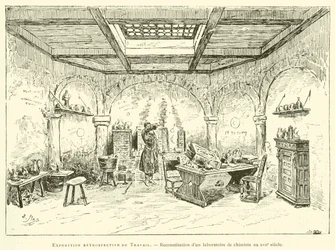 Retrospektive Ausstellung der Arbeit, Rekonstruktion eines Chemielabors aus dem 17. Jahrhundert