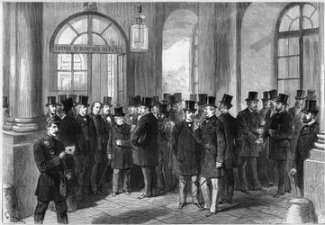 Verlängerung der Amtszeit des Marschalls von Mac-Mahon, Einführung des Siebenjahresplans in Frankreich, November 1873: Ansicht der Eingangstür der Assemblée de Versailles am Tag der Diskussion über die Verlängerung. Von links nach rechts