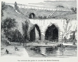 Außenansicht der Kaskaden und Höhlen der Buttes Chaumont, Gravur 19. Jahrhundert