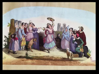 Fandesign, das eine Szene aus La Esmeralda, einer Oper von Louise-Angélique Bertin (1805-77) nach dem Roman von Victor Hugo (1802-85) um 1836 darstellt