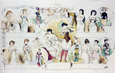 Modeplatte für La Vie Parisienne, die Korsetts zeigt, ca. 1870