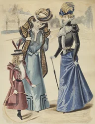 Modeplatte, auf dem Boulevard, Illustration aus La Nouvelle Mode, 1897 (Farbstich)