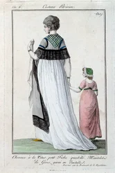 Mode unter dem Direktorium: elegante junge Pariserin mit Titus-Frisur, Gazemantel mit Spitze. 1797. Paris, Kostümmuseum