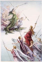 Kampf zwischen bösen und guten Geistern des Meeres - in „Reise zum Meeresgrund“ von H. de la Blanchère. Paris, ed. Jouvet et Cie, sd. 1880.