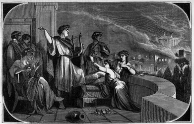 Brand von Rom durch Nero. Zwischen dem 18. und 24. Juli 64 wurde die Stadt Rom durch ein großes Feuer verwüstet, das angeblich von Kaiser Nero verursacht wurde, um die Christen zu beschuldigen und zu verfolgen. Gravur in „Histoire des Papes-Rois-Reines und