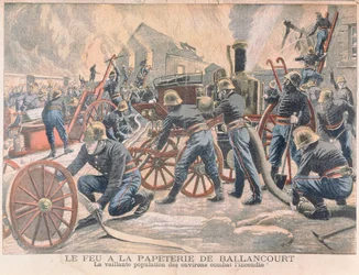 Feuerwehrmänner bekämpfen einen Brand in einer Papierfabrik in Ballancourt, aus Le Petit Journal, 1905