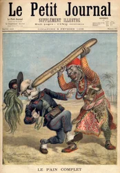 Erster Italienisch-Äthiopischer Krieg - Karikatur von Francesco Crispi (1818-1901) und die Niederlage der italienischen Invasionsarmee bei der Belagerung von Makalle, Äthiopien - in „Le Petit Journal“ vom 09.02.1896 (Gravur).