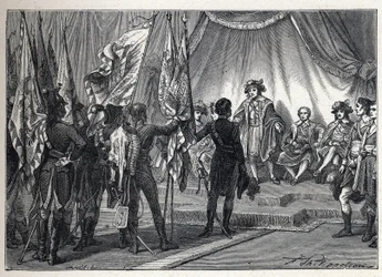 Erste Koalition: Joachim Murat (1767-1815) präsentiert dem Exekutivrat die von der französischen Armee unter dem Kommando von Napoleon Bonaparte während des Italienfeldzugs eroberten Fahnen. Gravur von 1889. Private Sammlung.