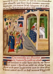 Die Wunder bei der Geburt Alexanders des Großen (356-323 v. Chr.), Illustration aus einem Buch von Jean Wauquelin, aus der Histoire du Grand Alexandre 1460