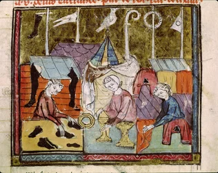 Fol.122v Kaufleute auf der Lendit-Messe bei St. Denis, aus den Grandes Chroniques de France, 1375-79