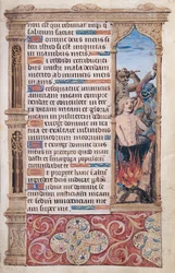 Fol.67r Textseite mit Randdetail eines von zwei Dämonen gefolterten Mannes, aus "Heures de l