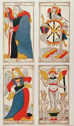 Vier Tarotkarten mit dem Eremiten, dem Rad des Schicksals, der Mäßigkeit und dem Teufel