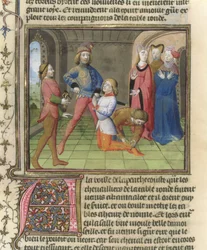 Fr.120 f.522v Die Ritterschlagung von Lancelot aus der Geschichte von Lancelot in La Quite de Saint Graal